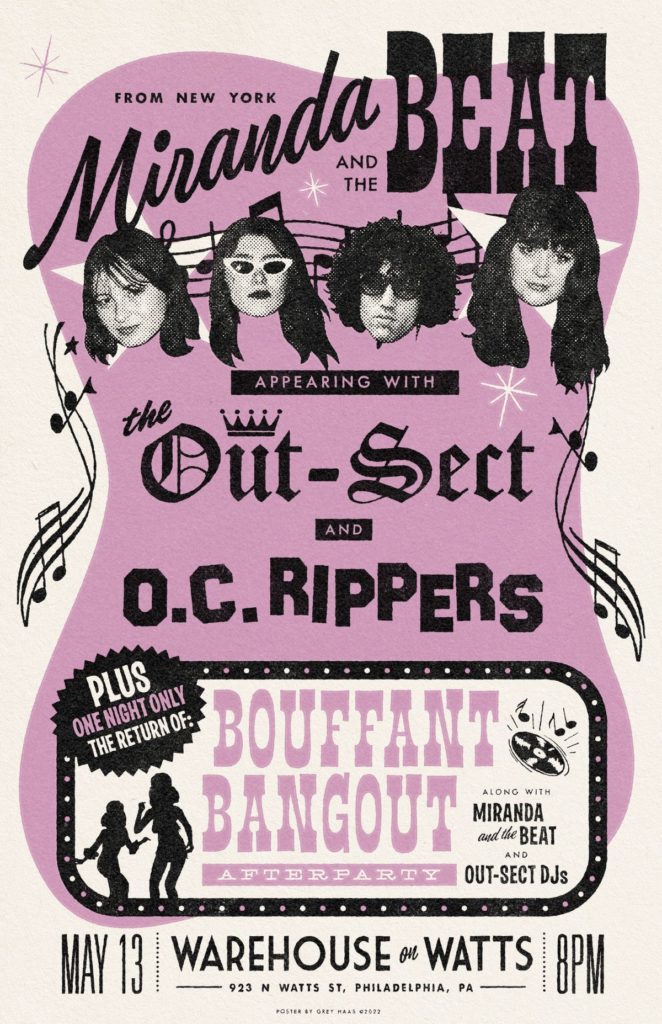 Miranda and The Beat, The Out-Sect, OC Rippers with Bouffant Bangout afterparty 1 Flyer for rock concert at Warehouse On Watts in Philly